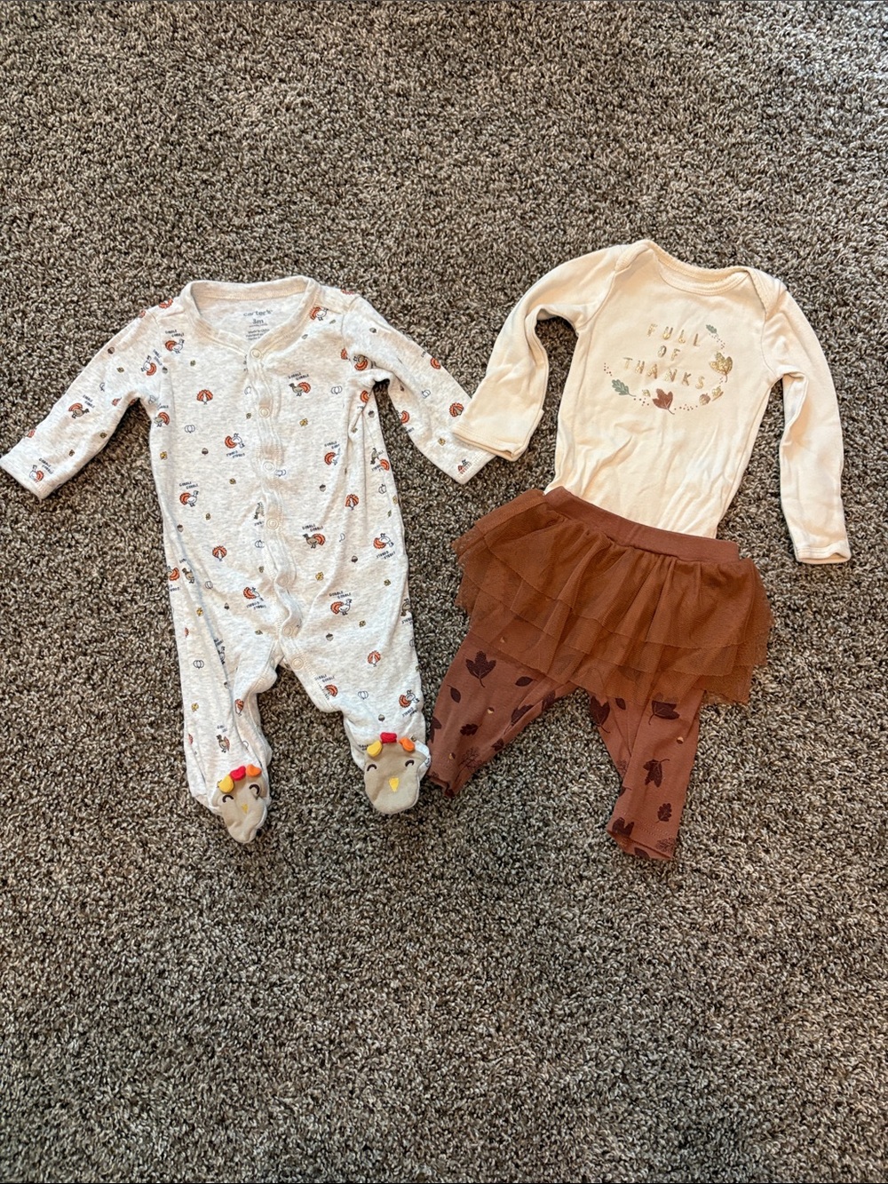Carter's Cream & Brown Fall-Themed Baby Footie and Tulle Legging Set